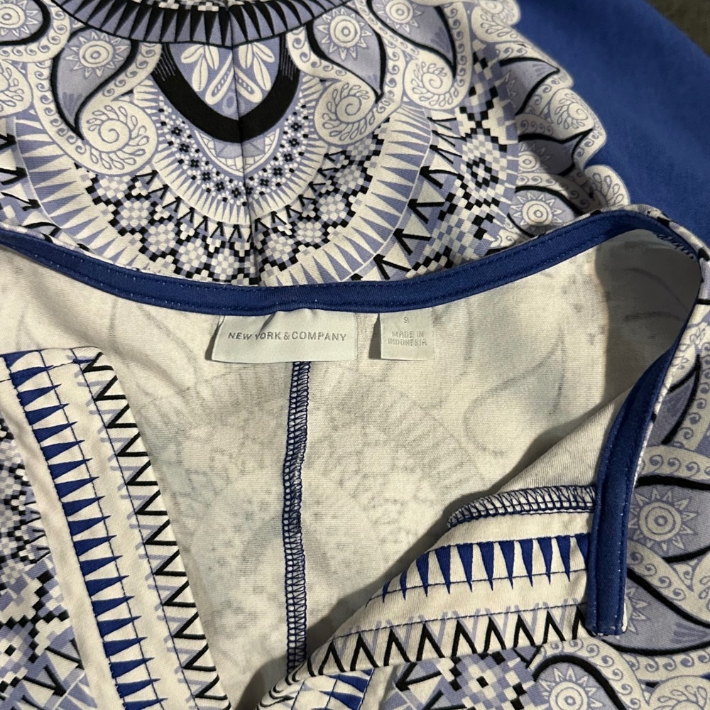 New York & Company Dress Small Blue White Cotton Sheath Boho Geo Print - Picture 6 of 8